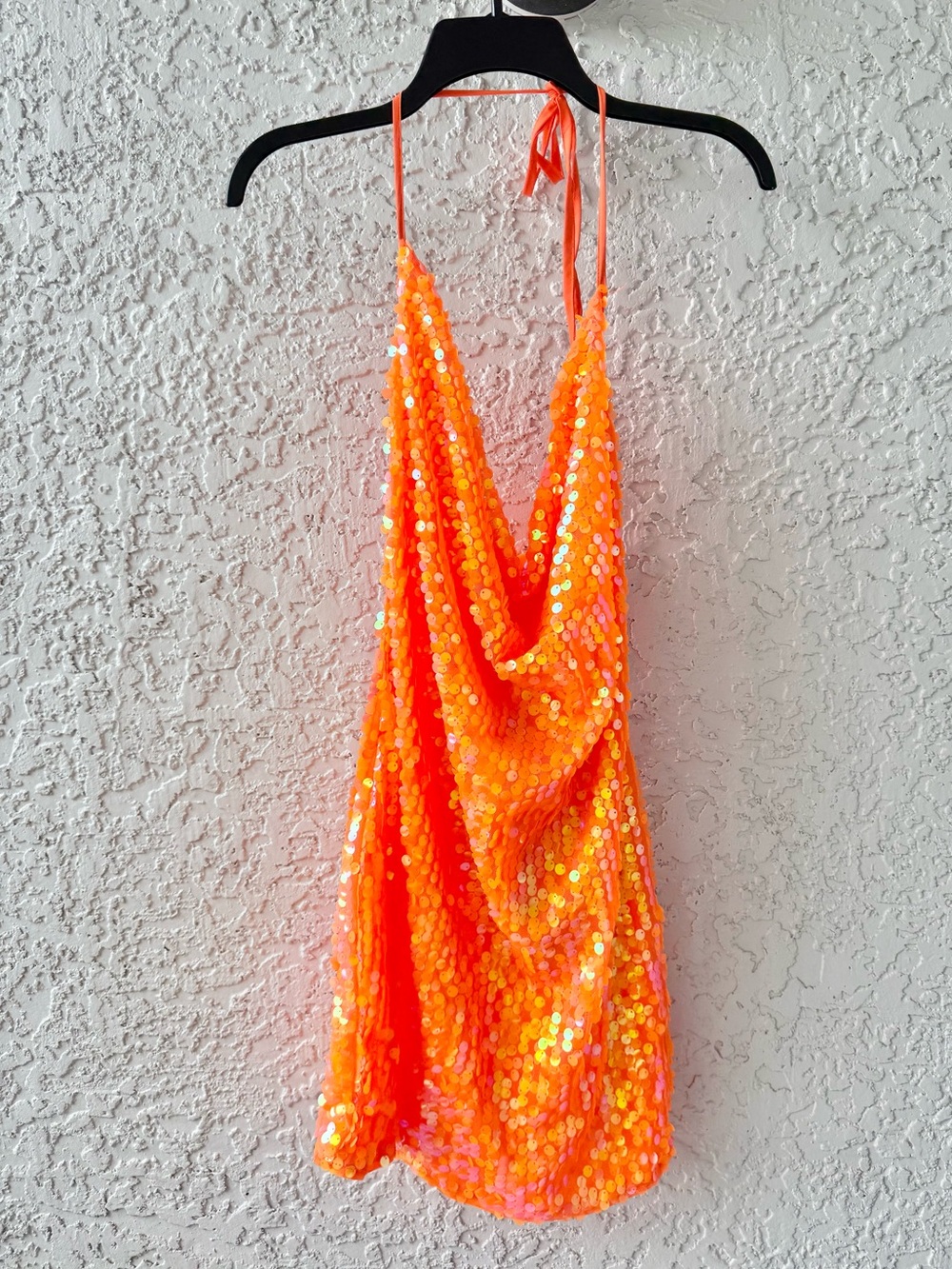 PrettyLittleThing Orange Disk Sequin Cowl Halter Neck Bodycon Dress size 10